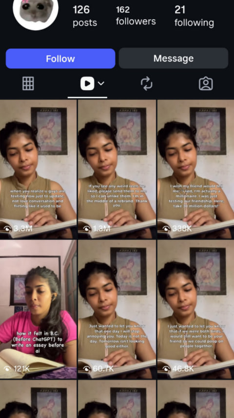 An Instagram profile grid. The same girl reading the same book in the same room on every tile, each with a different line of text over it, and the view counts under them reading 3.3M, 1.3M, 338K, 121K, 60.7K and 46.8K.