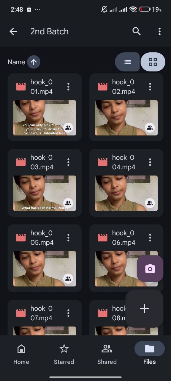A phone file browser showing a folder called 2nd Batch holding hook_001.mp4 through hook_008.mp4, every thumbnail the same clip with a different line of text burned into it.