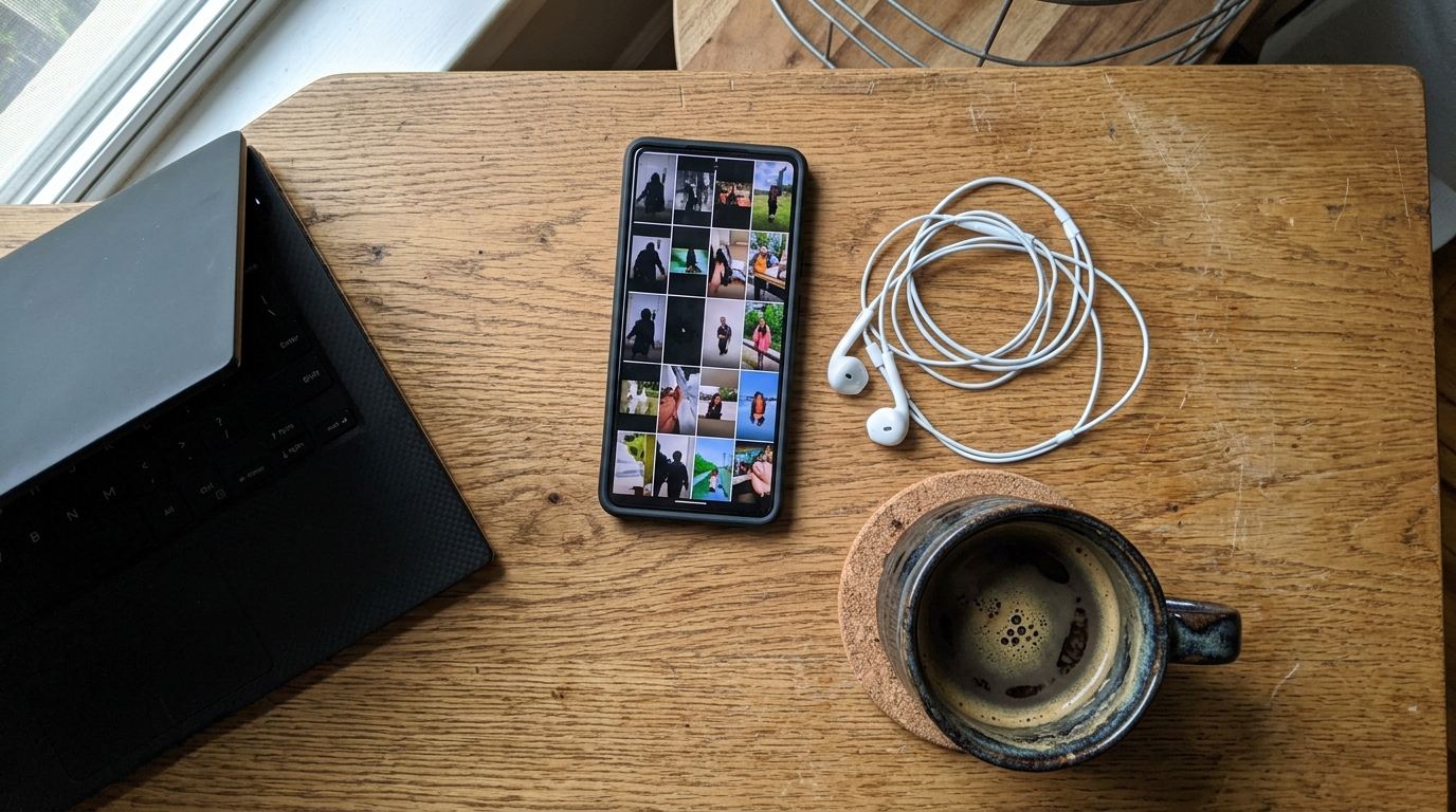 A phone lying on a wooden desk showing a grid of vertical video thumbnails, next to a laptop, white earphones and a cup of coffee.