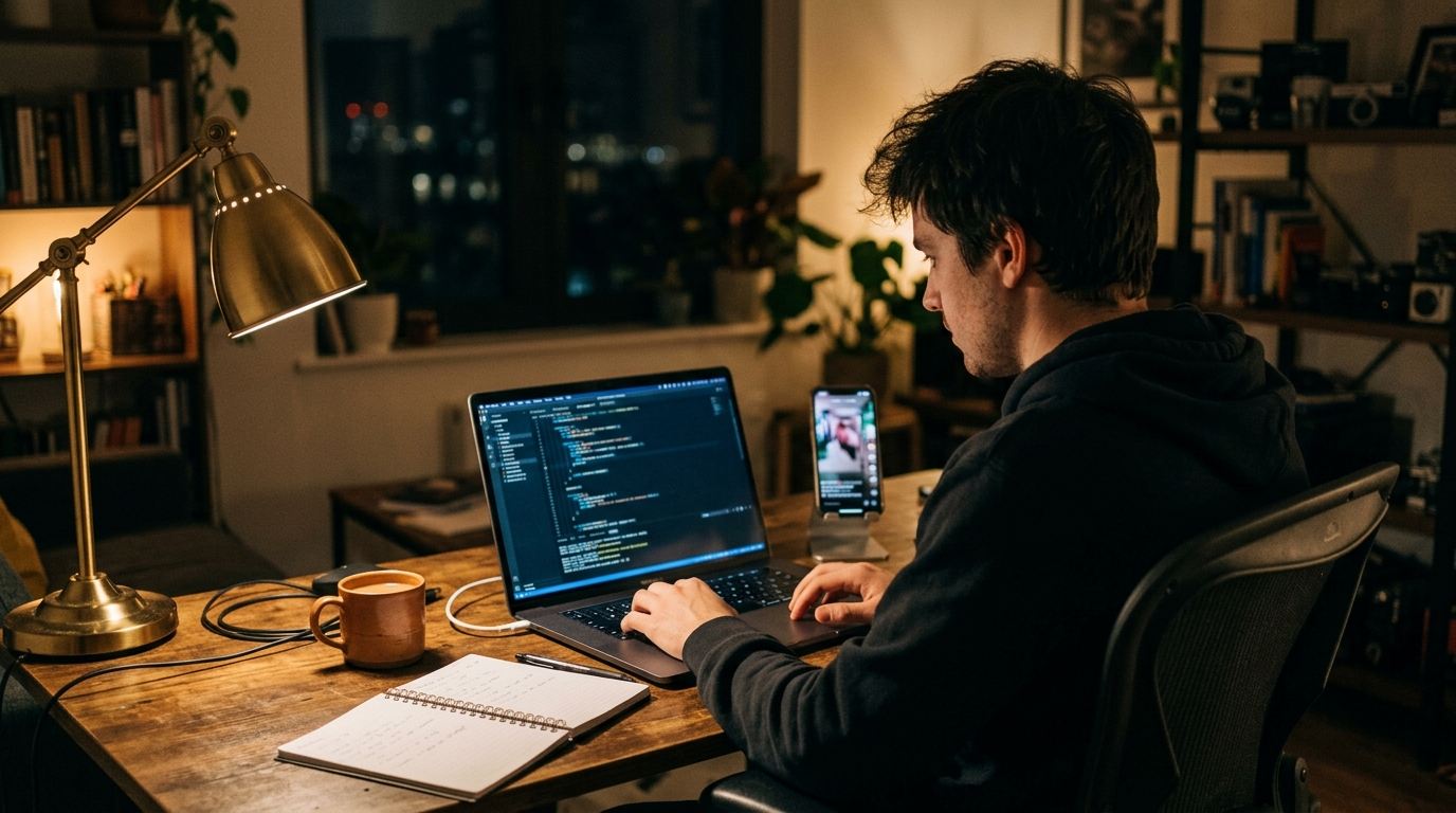 A developer at a wooden desk at night typing on a laptop with code on screen, a phone on a stand beside it playing a vertical video, lit by a brass desk lamp.