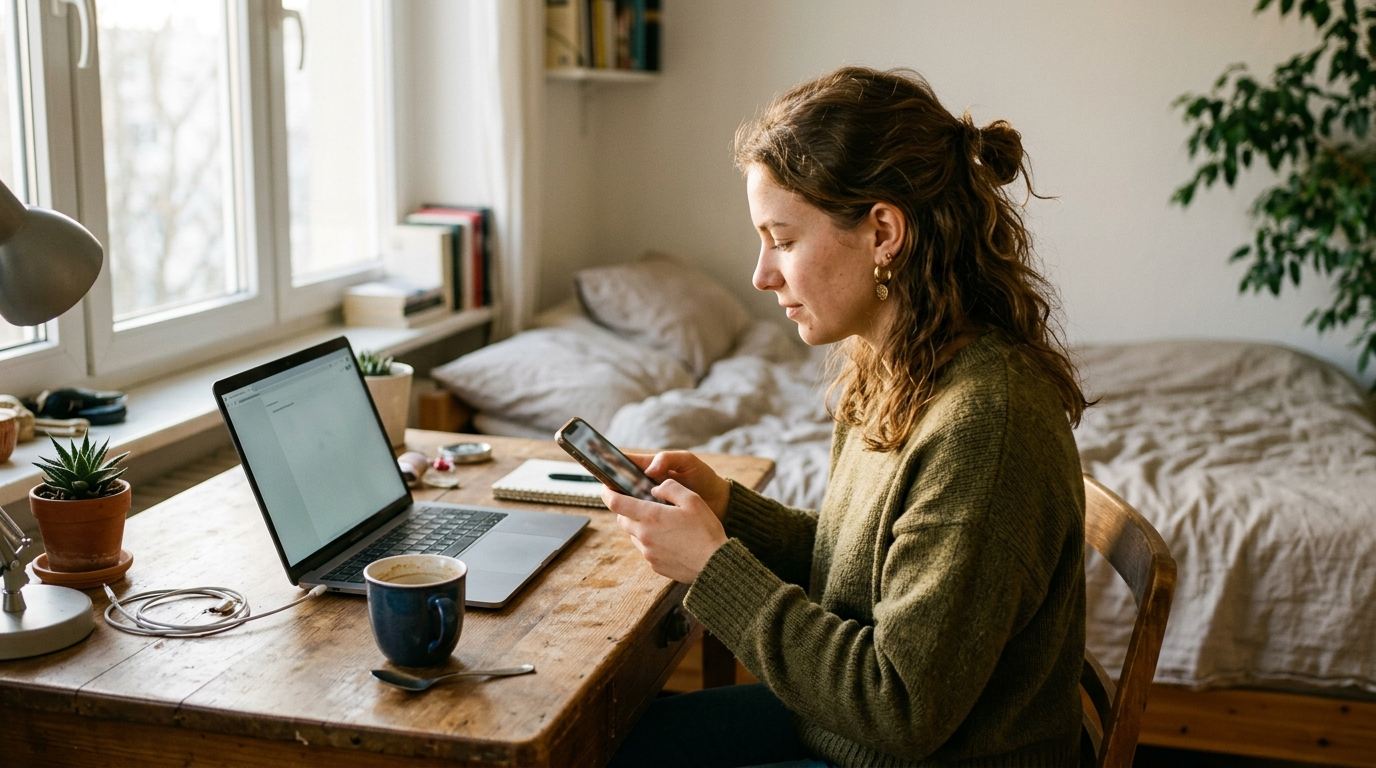 A young woman in an olive knit sweater sits at a wooden desk by a bright window, looking down at a phone held in both hands, with an open laptop, a navy mug, a small succulent and a notebook beside her and an unmade bed behind.