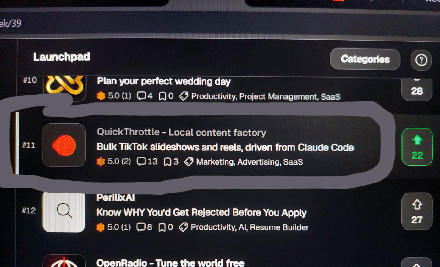 A photo of a laptop screen showing the Peerlist launch list in dark mode, with QuickThrottle circled at number 11 with 22 upvotes, between a wedding planner app at number 10 and PerilixAI at number 12.