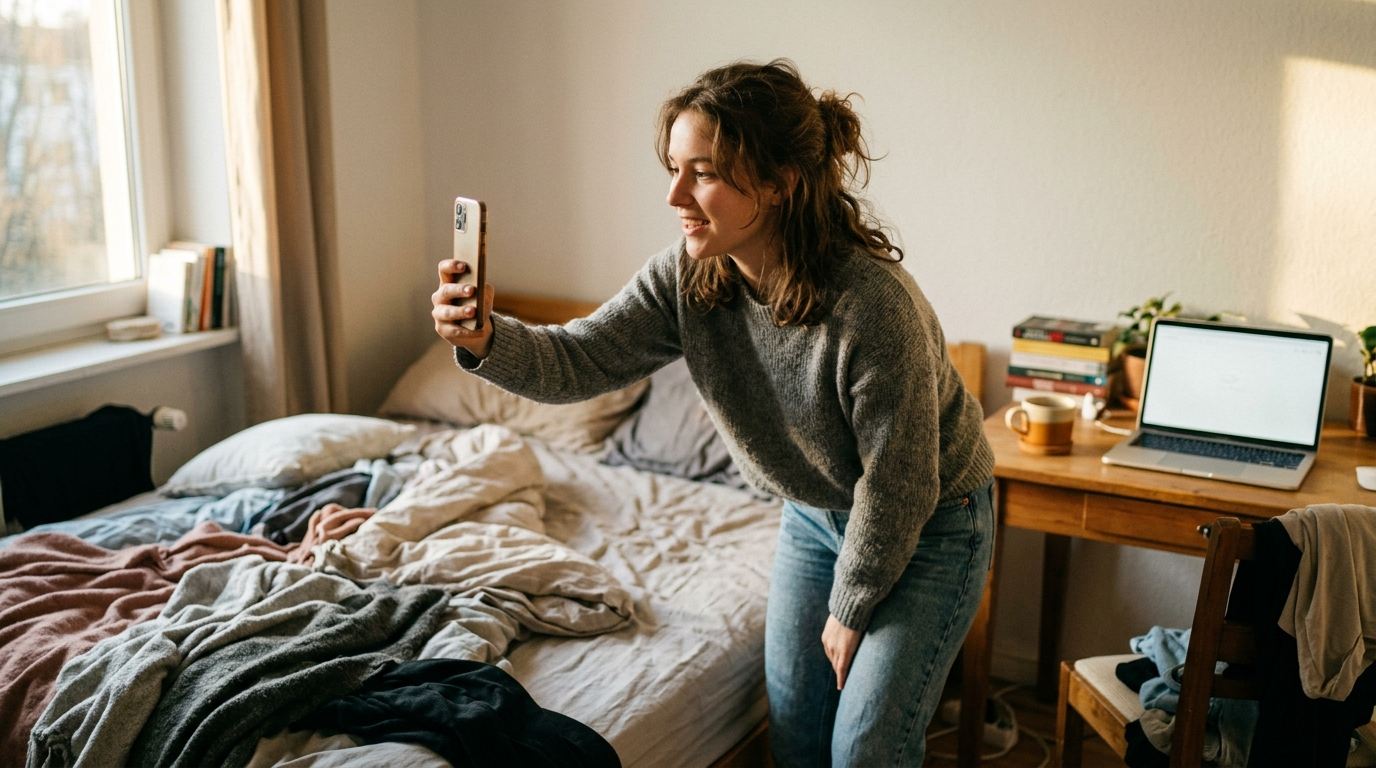 A young woman in a grey knit sweater stands in a small, lived-in bedroom by an unmade bed, smiling as she holds a phone upright at arm's length to film herself, with a desk, laptop and mug behind her in warm late afternoon light.
