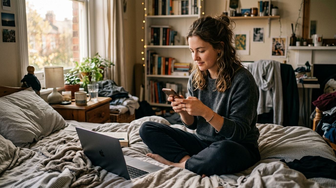 A young woman sits cross-legged on an unmade bed in a cluttered bedroom, scrolling on her phone with an open laptop beside her and a bookshelf behind her.