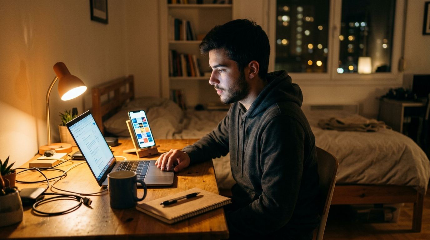 A young man with a short beard sits at a wooden desk in a small bedroom at night, working on a laptop beside a phone on a stand that shows a colourful grid of photo thumbnails, lit by an orange desk lamp.