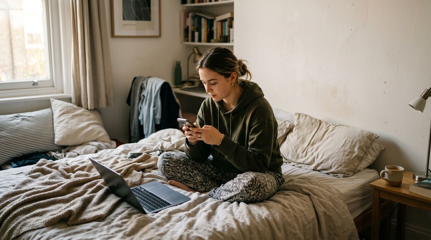 A young woman in an olive green hoodie sitting cross-legged on an unmade bed, looking down at a phone held in both hands, with an open laptop beside her and a bookshelf and curtained window behind her in soft daylight.
