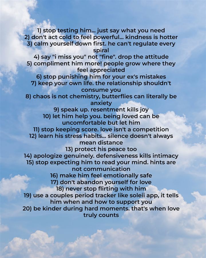 All twenty tips listed over a blue sky, from 'stop testing him, just say what you need' to 'be kinder during hard moments'. Number 19 names the soleii app.