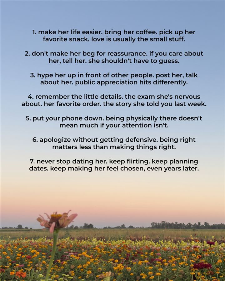 Tips 1 to 7 over a field of flowers at sunset, from 'make her life easier' to 'never stop dating her, keep making her feel chosen, even years later'.