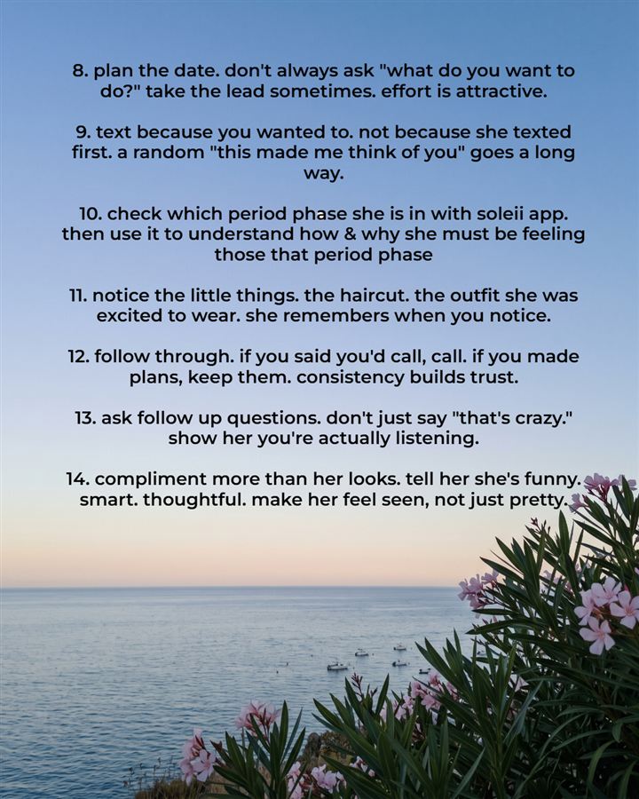 Tips 8 to 14 over a sea view with pink blossom, including 'check which period phase she is in with soleii app'.