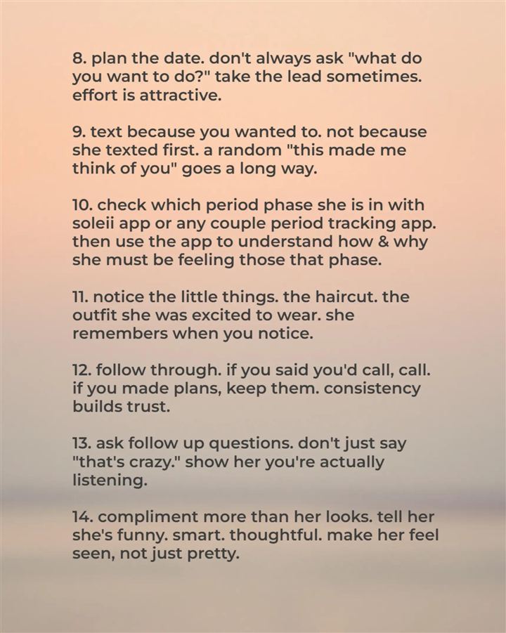 The same tips 8 to 14 over the same gradient, including 'check which period phase she is in with soleii app or any couple period tracking app'.