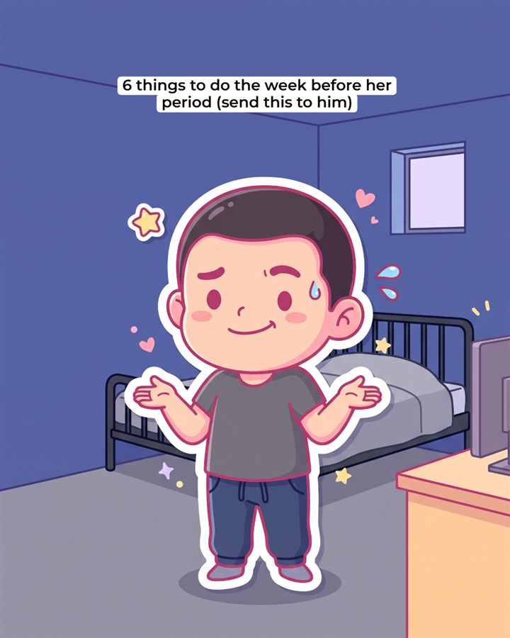 A cartoon sticker of a boy shrugging in his blue bedroom. Text over it: '6 things to do the week before her period (send this to him)'.