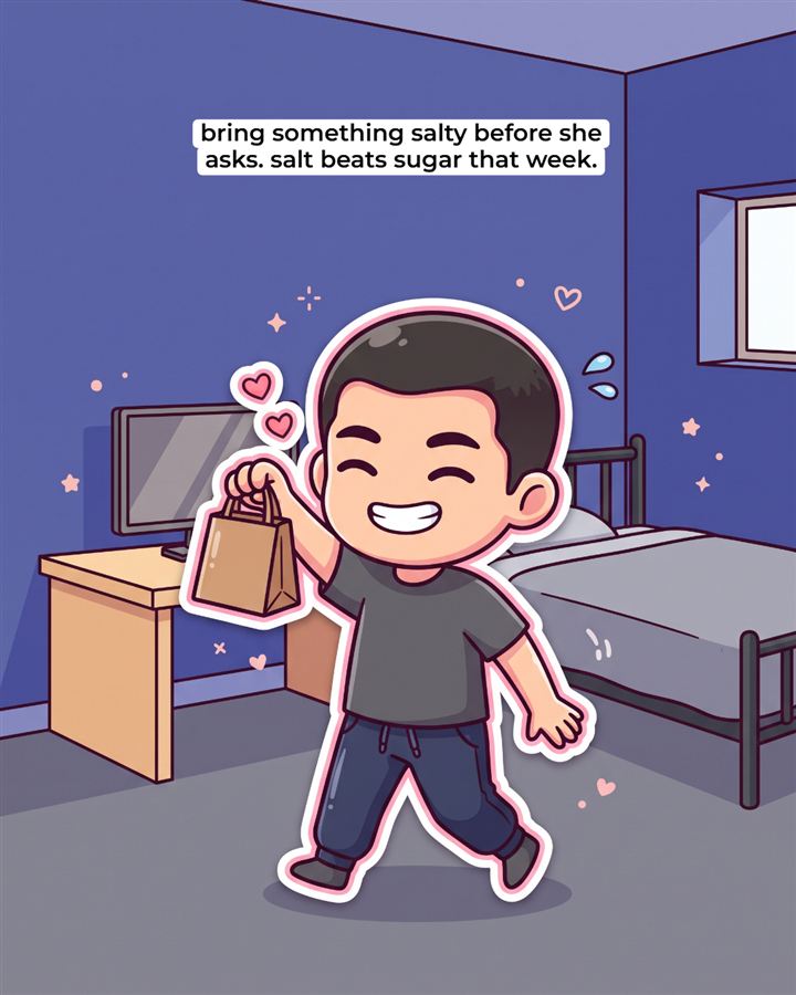 The same cartoon boy in the same bedroom, carrying a takeout bag. 'bring something salty before she asks. salt beats sugar that week.'