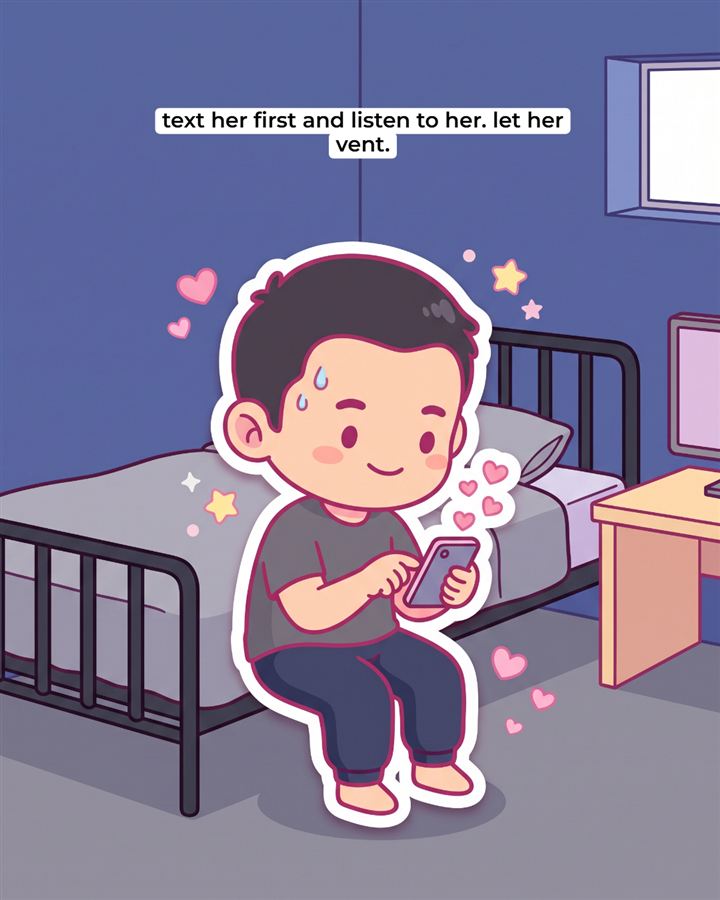The same cartoon boy in the same bedroom. 'text her first and listen to her. let her vent.'