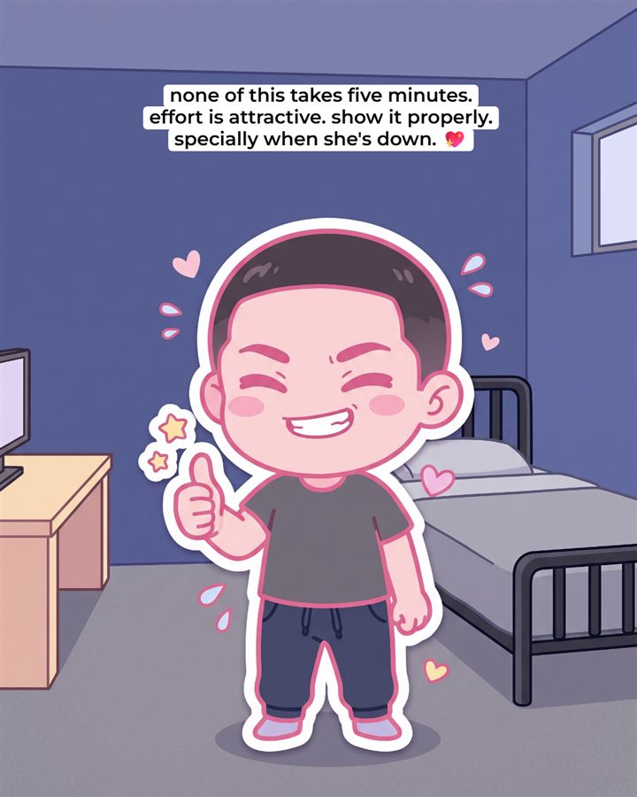 The same cartoon boy in the same bedroom. 'none of this takes five minutes. effort is attractive. show it properly, specially when she's down.'