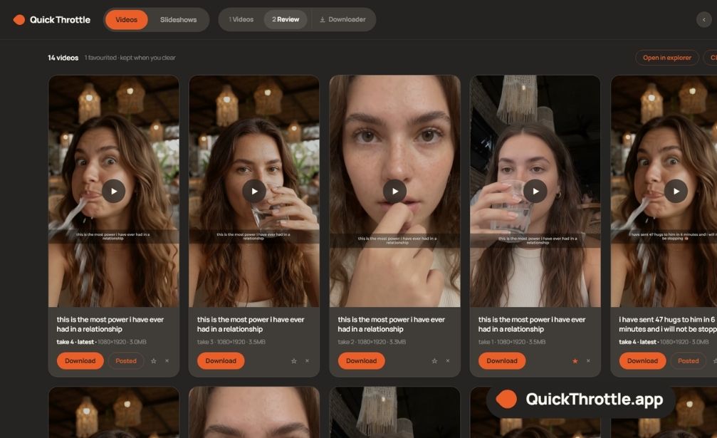 The Review grid in Quick Throttle, fourteen finished videos of the same clip with different hooks burned on, each with a Download button.