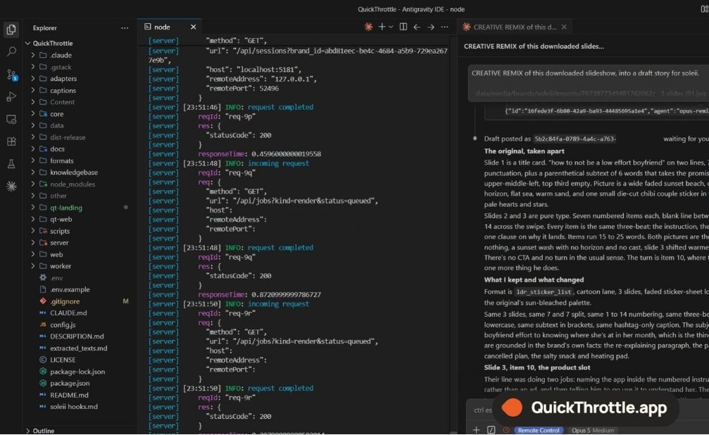 The Quick Throttle project open in an editor, the server log running in one pane and Claude Code writing a creative remix in the other.