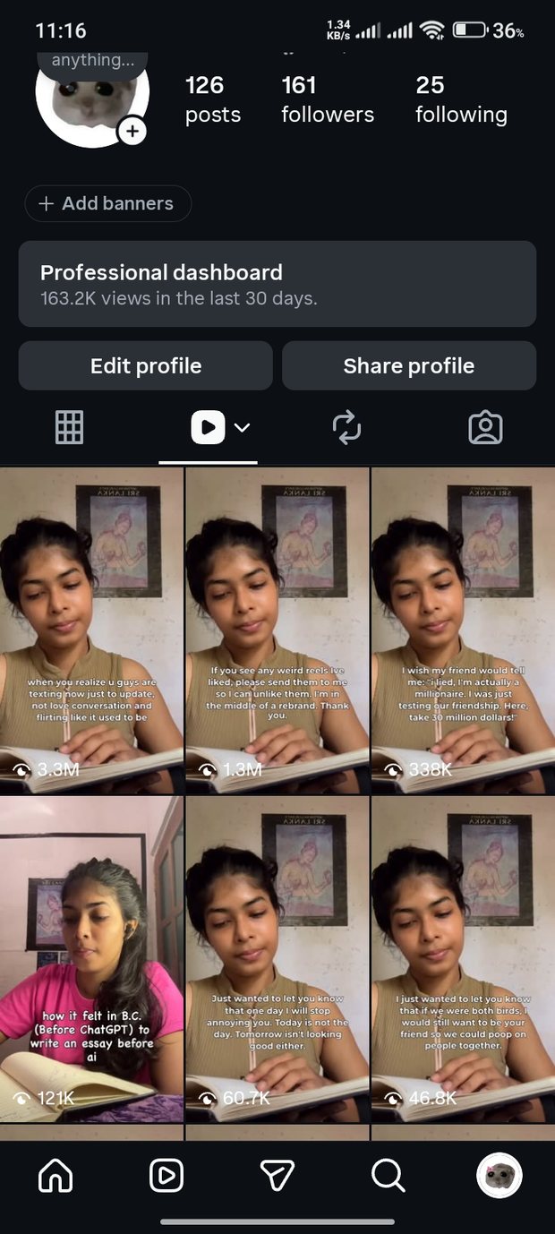 The Instagram profile, with the reels under it at 3.3 million, 1.3 million, 338 thousand, 121 thousand, 60.7 thousand and 46.8 thousand views.