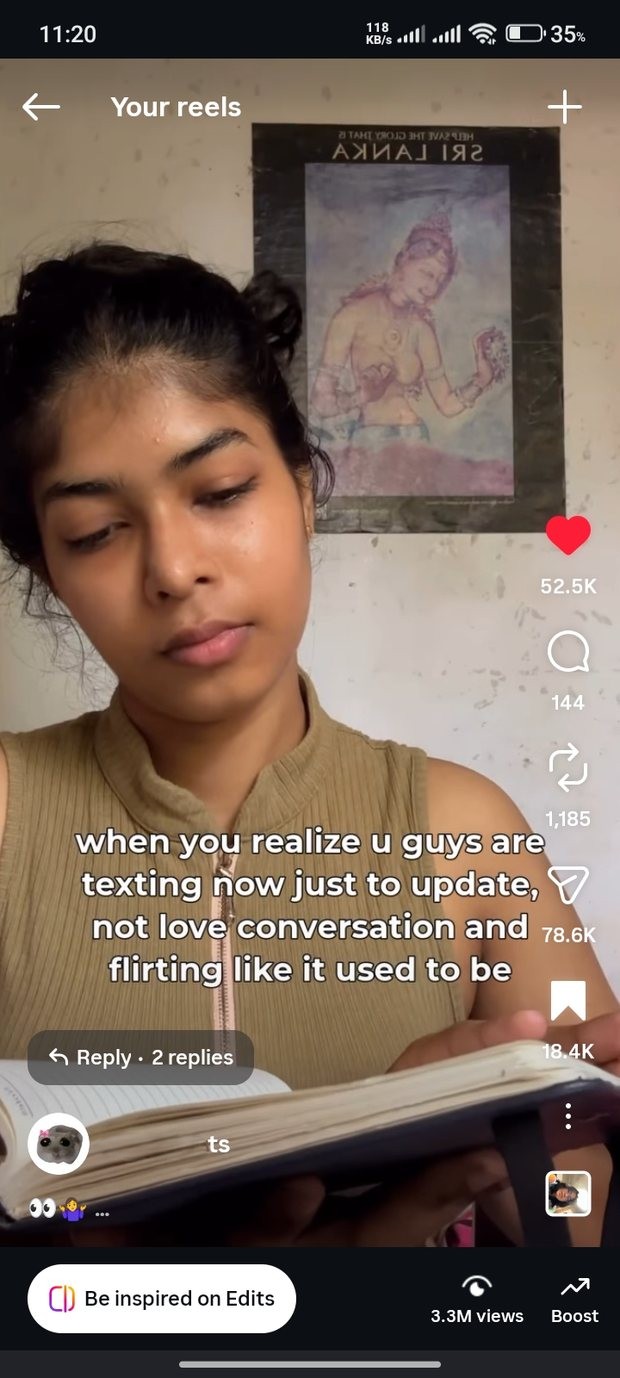 The reel itself, a caption burned over the clip, showing 3.3 million views, 52.5 thousand likes and 78.6 thousand shares.