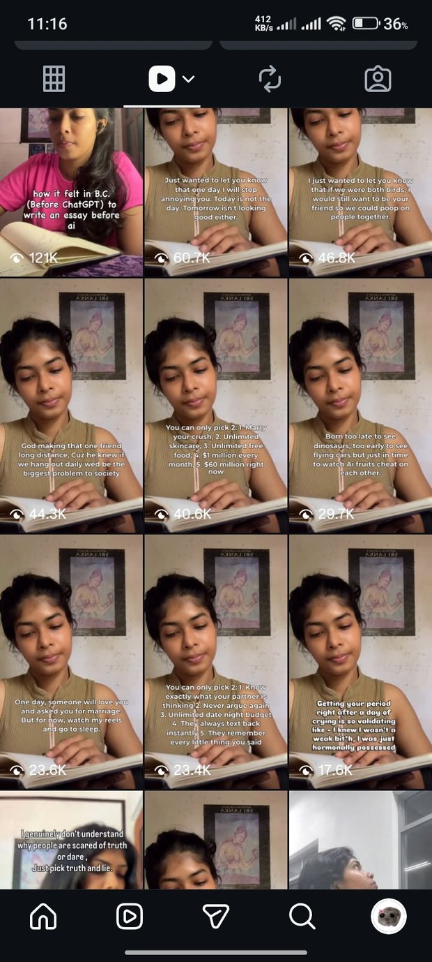 The reels grid. The same clip over and over with a different line on each, at 121 thousand, 60.7 thousand, 46.8 thousand, 44.3 thousand, 40.6 thousand, 29.7 thousand, 23.6 thousand, 23.4 thousand and 17.6 thousand views.