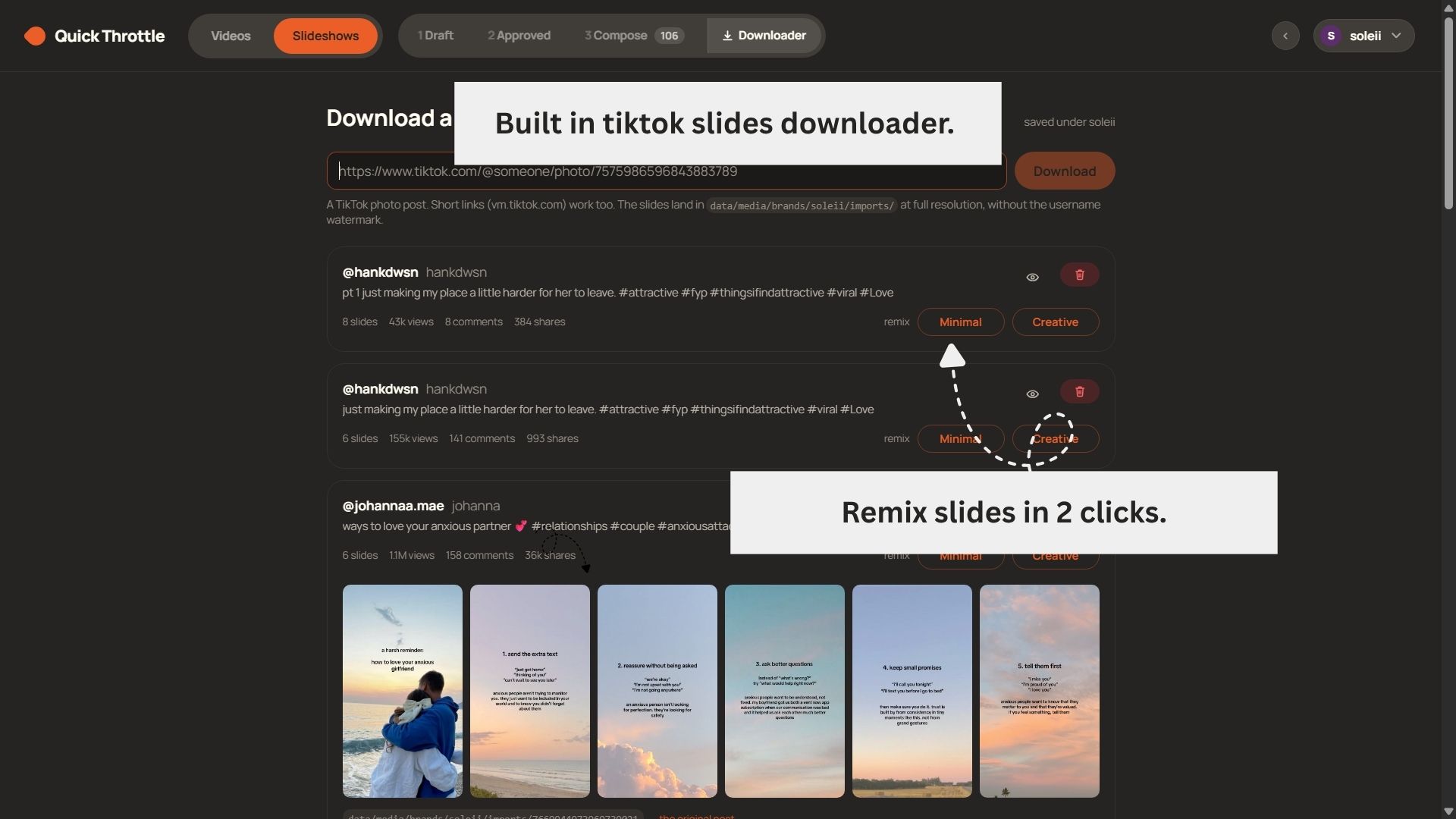 The Downloader. Somebody else&rsquo;s TikTok photo post pulled down into numbered slides, with a Minimal and a Creative remix button on every one.
