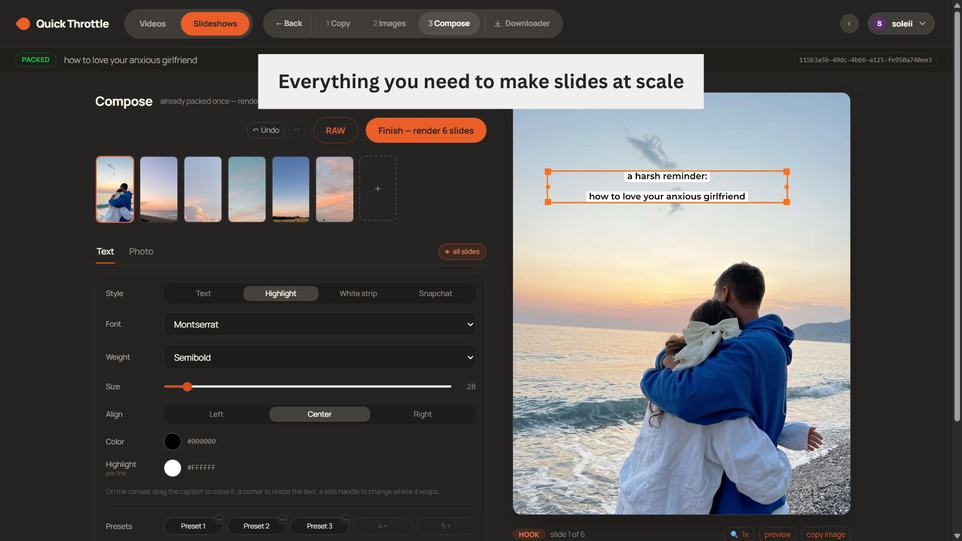 The Compose canvas. A slide with its caption selected, next to the controls for style, font, weight, size, alignment and colour.