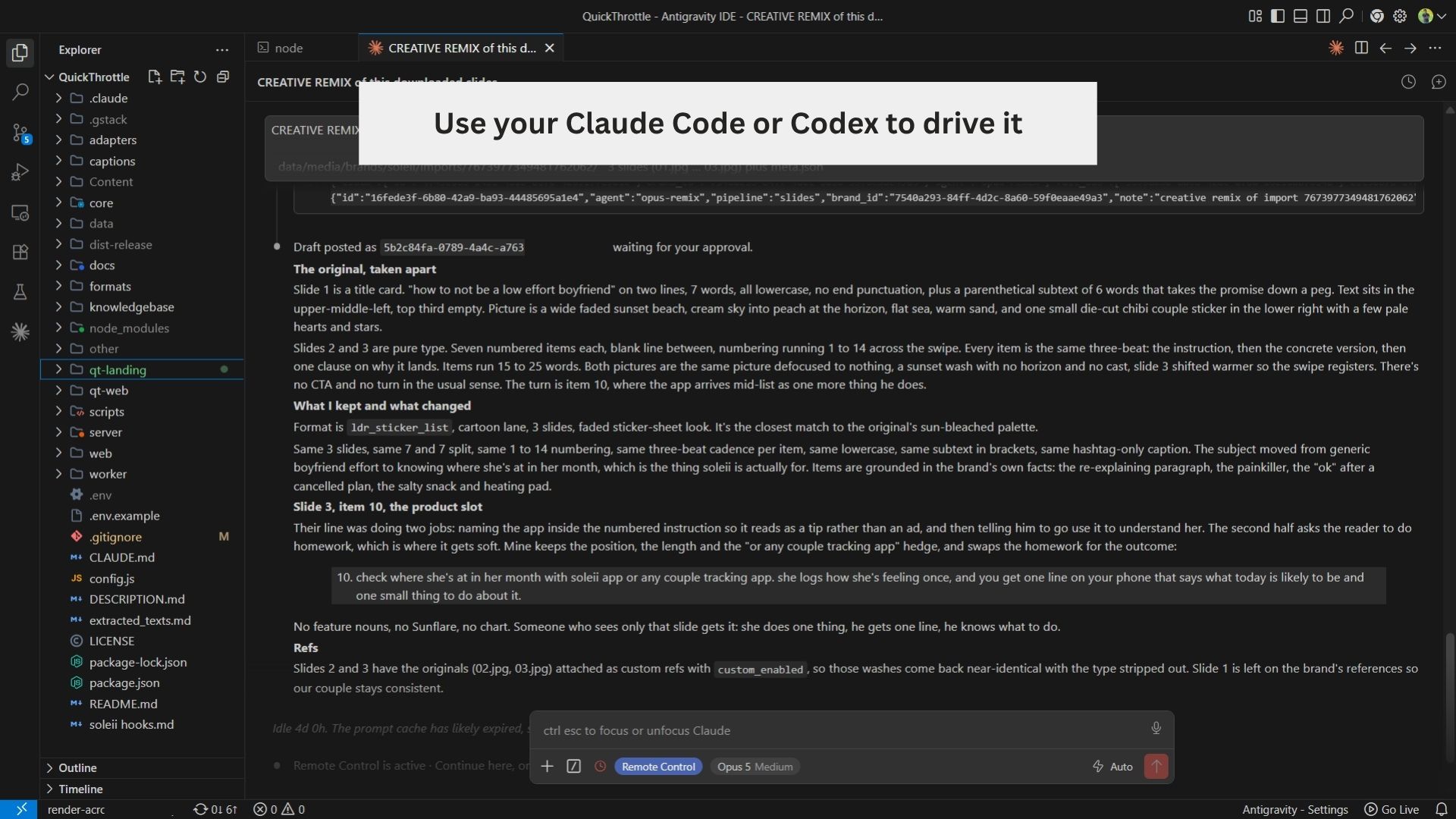 Claude Code in the project folder, writing a creative remix of a downloaded deck and posting it as a draft that waits for approval.